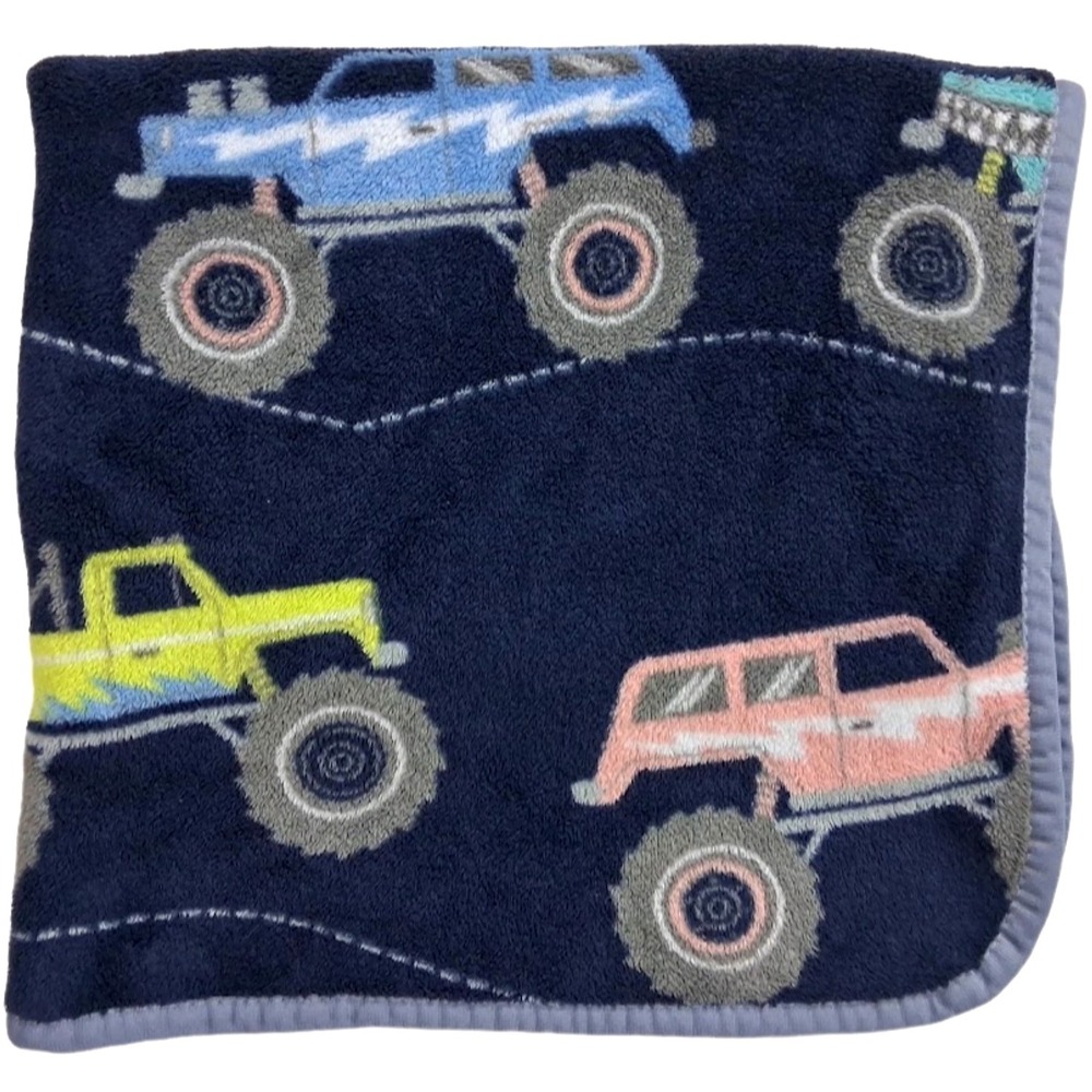 Navy Blue Monster Truck Baby Blanket Thin Fleece Security Cars 30x40 htf Lovey
